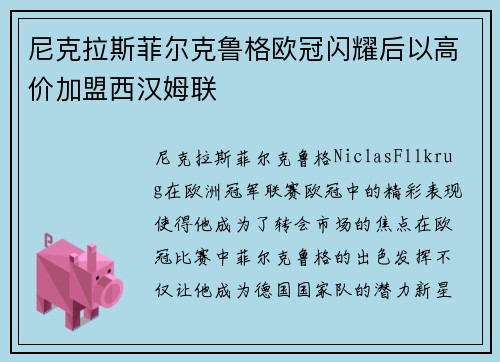 尼克拉斯菲尔克鲁格欧冠闪耀后以高价加盟西汉姆联